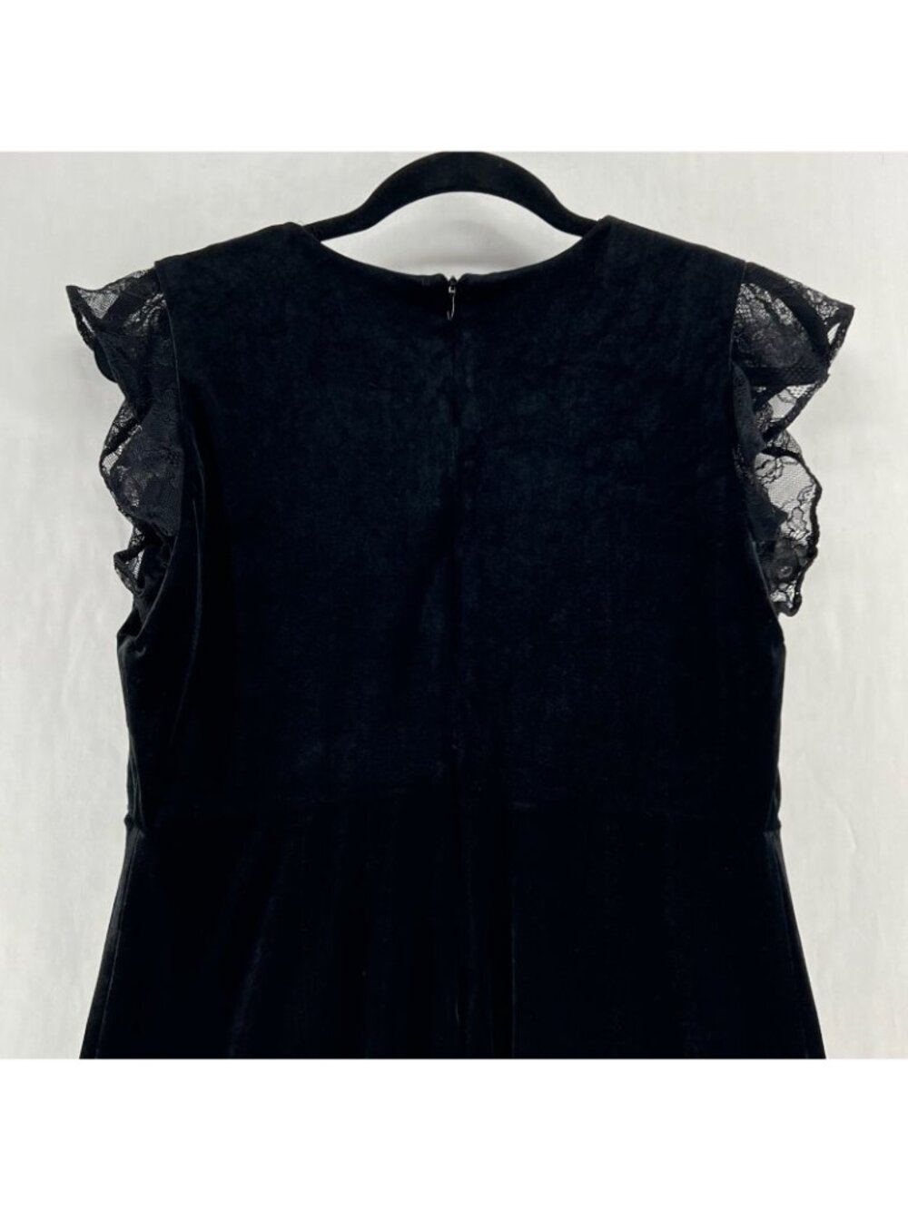 Zara Basic Velvet Lace Mini Dress Womens M Skater Fit Flare Flutter Sleeve Black - Picture 11 of 15